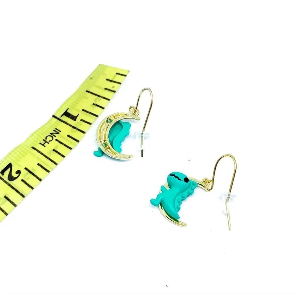 NWT Green Dinosaur Gold Fish Hook Earrings